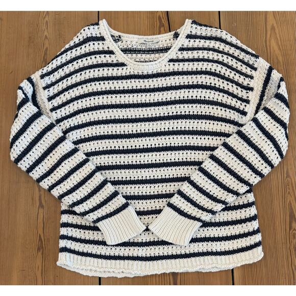 Madewell Austen Open Knit White Navy Striped Sweater Medium - Picture 1 of 6